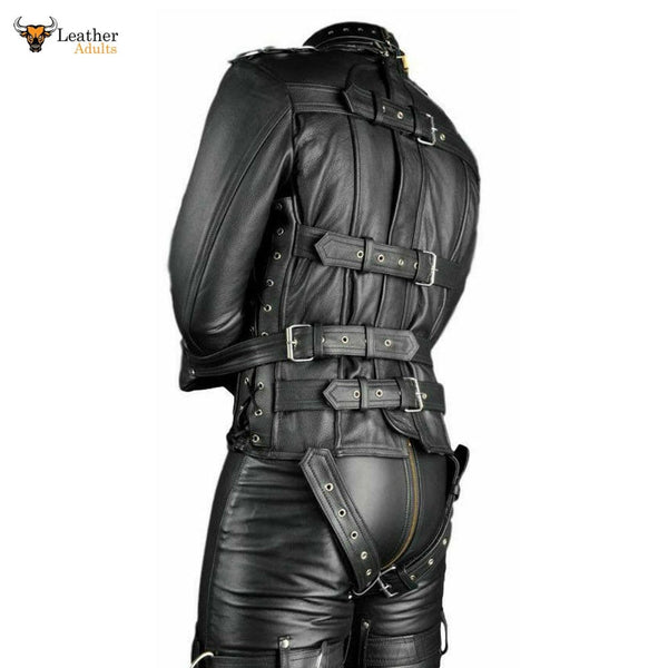 Mens Real Leather Straitjacket and Trousers with Leather Lining Heavy Duty BDSM