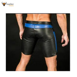 Mens Black Real Leather Foot Ball Rugby 3D Shorts with Blue Contrast Sports Shorts