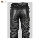Mens Black Cowhide Leather Lacing BLUF Pants Bikers Lederhosen Jeans Trousers