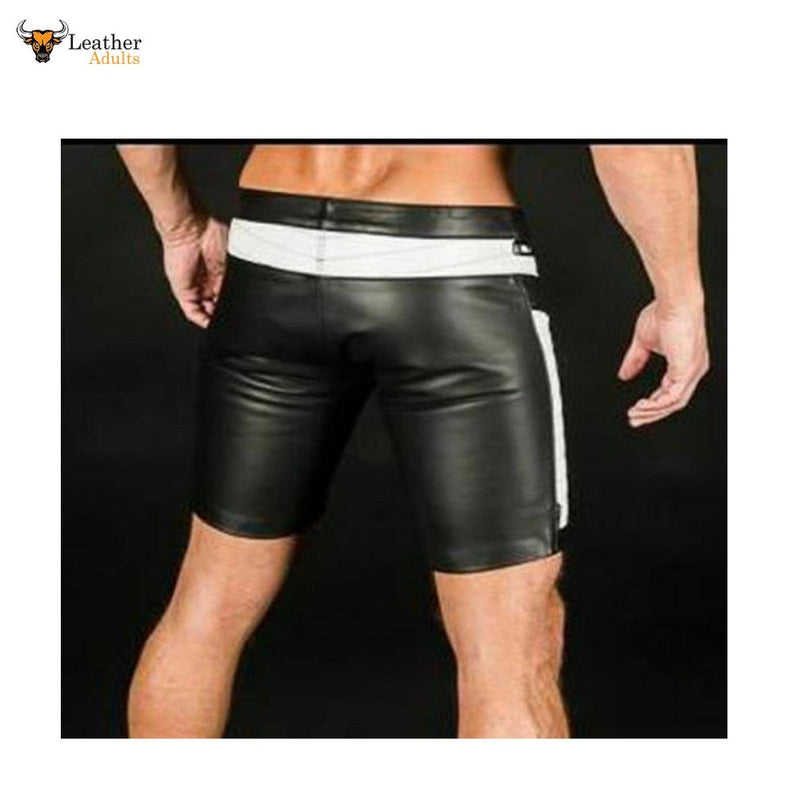 Mens Black Real Leather Foot Ball Rugby 3D Shorts with White Contrast Sports Shorts