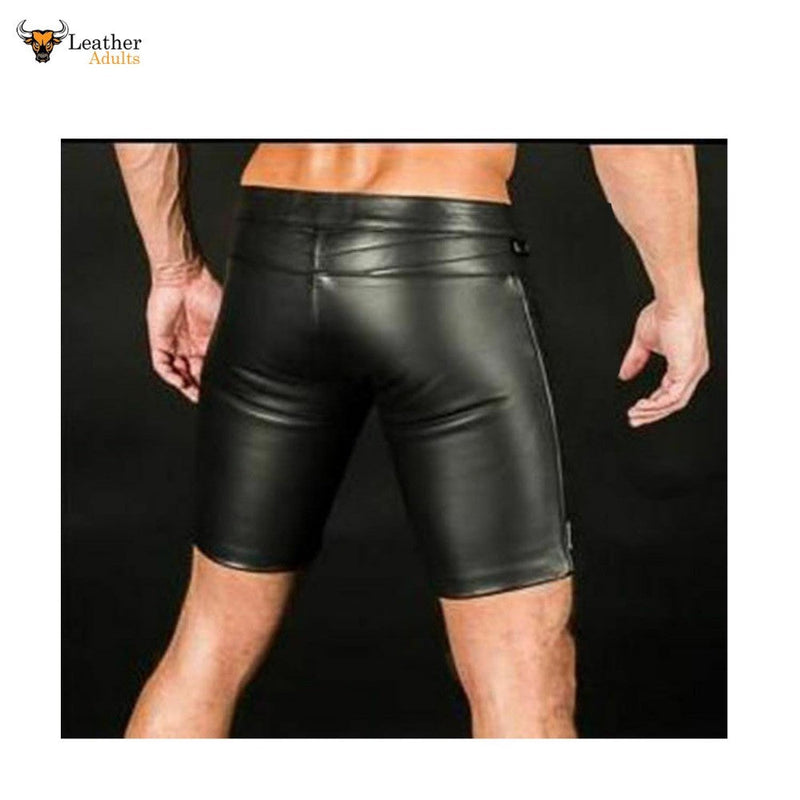 Mens Black Real Leather Foot Ball Rugby 3D Shorts Leather Sports Shorts