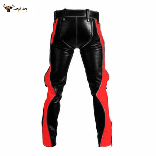 Mens Black Cowhide Leather Bondage Jeans With Red Contrast BLUF Breeches Trousers