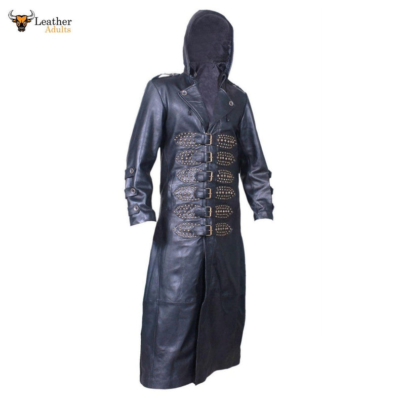 Men's Black Real Cowhide Leather Detachable Hood Matrix STEAMPUNK Van Helsing Trench Coat