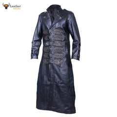 Men's Black Real Cowhide Leather Detachable Hood Matrix STEAMPUNK Van Helsing Trench Coat