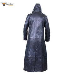 Men's Black Real Cowhide Leather Detachable Hood Matrix STEAMPUNK Van Helsing Trench Coat