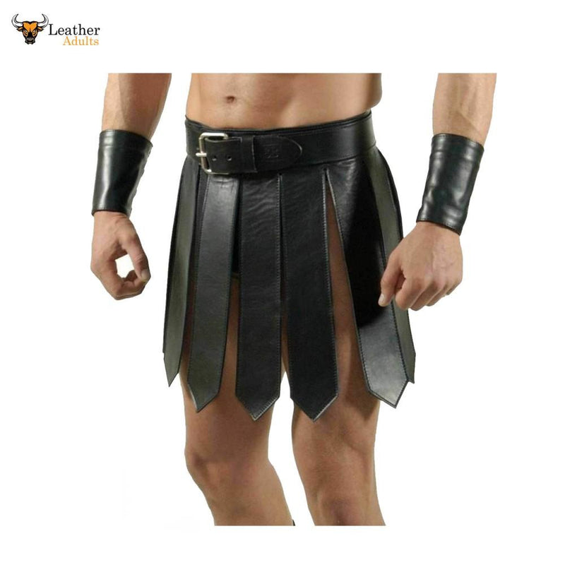 Mens Sexy Real Leather Black Kilt Roman Gladiator Kilt Set Gay Club Wear LARP