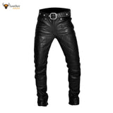 Mens Real Leather Bikers Pants Quilted Panels Slim Fit Bikers Leather Trousers BLUF Pants