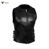 Ladies Soft Black Real Lambskin Leather Bikers 4 Side waist buckles Waistcoat Vest W6
