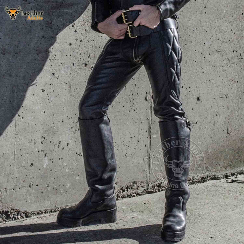 Mens Real Cowhide Leather Black Vintage Biker Saddle Pants BLUF Breeches Gay Trousers with Rear zip