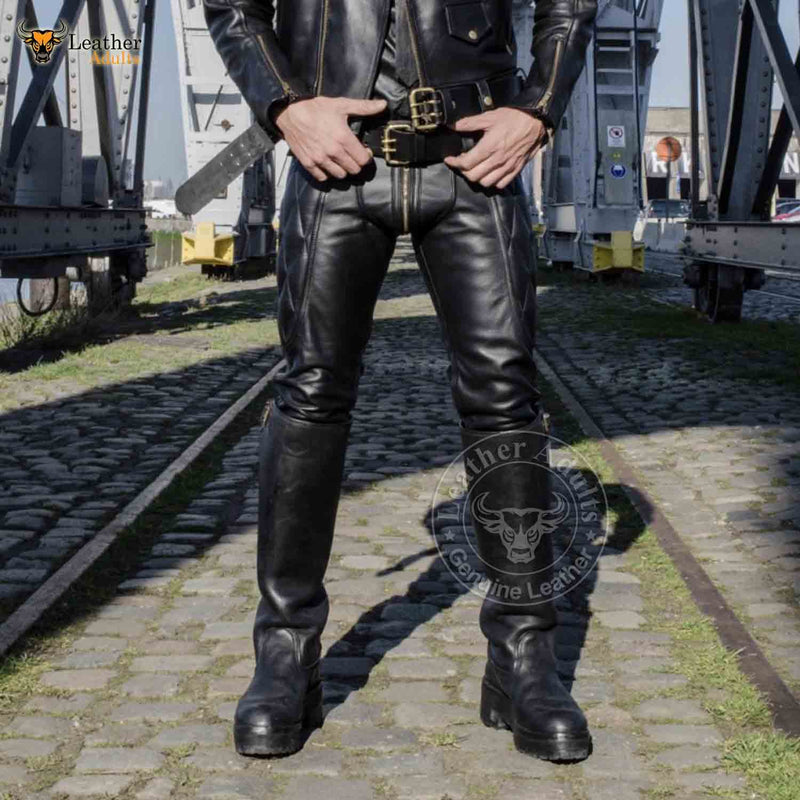 Mens Real Cowhide Leather Black Vintage Biker Saddle Pants BLUF Breeches Gay Trousers with Rear zip