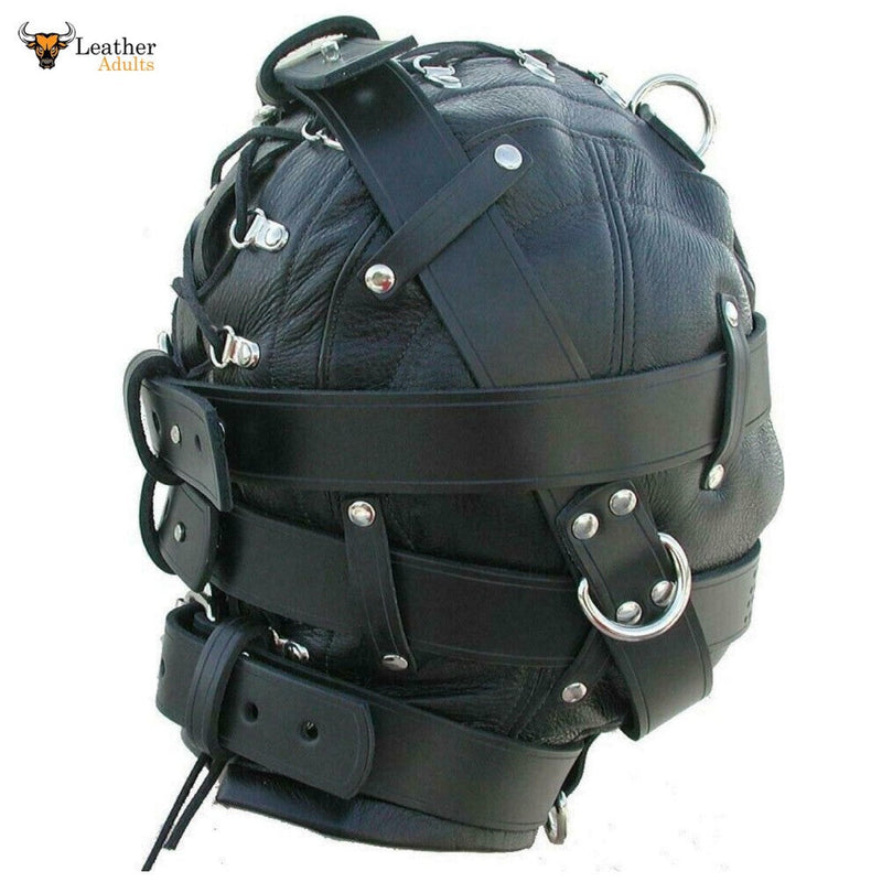 Genuine Black Leather Bondage Mask Gimp Hood BDSM Mask Unisex