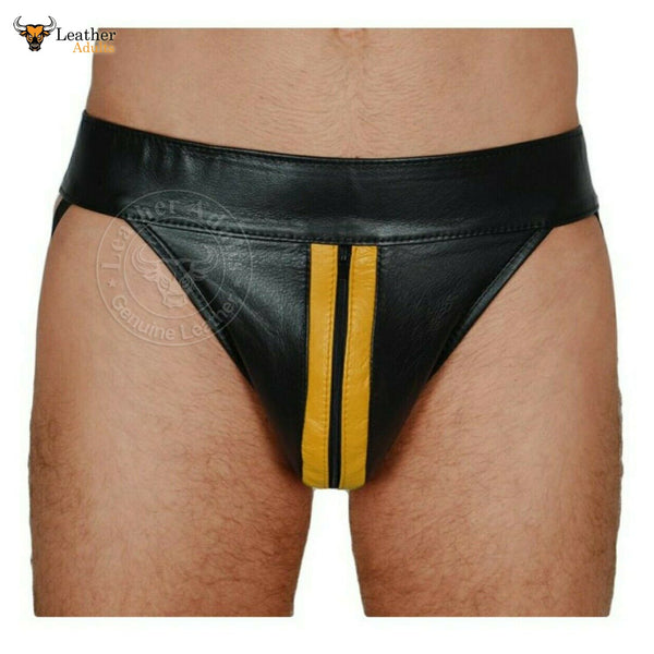 JOCKSTRAP Gay Thong Leather Slip String With Yellow Stripes Lederhose Jockstrap Leder Pants M,L, XL