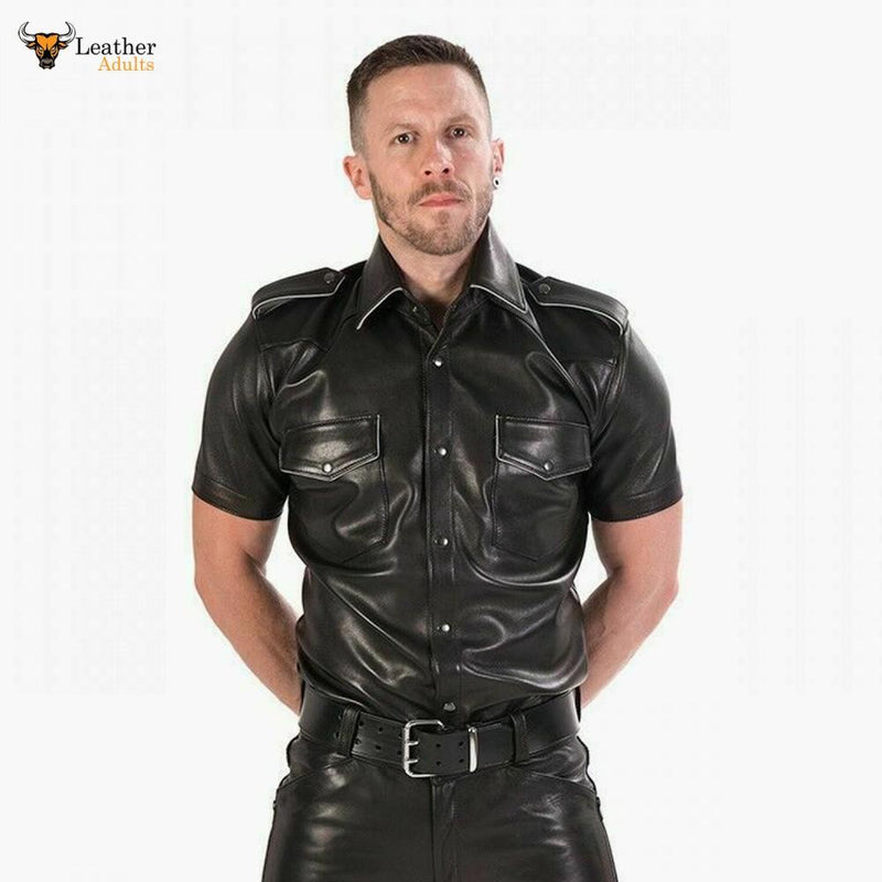 MENS REAL COWHIDE LEATHER Black Police Military Style Shirt BLUF ALL SIZE Shirt