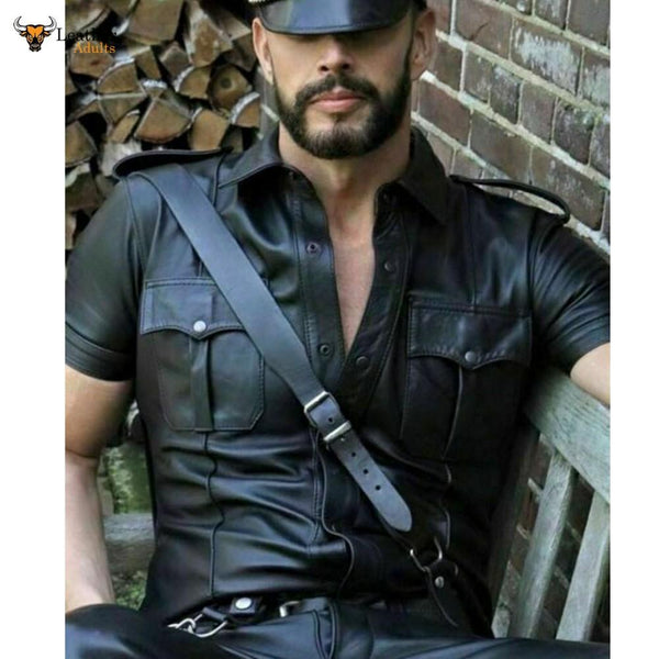 Mens Real Leather Black Police Military Style Shirt BLUF Shirt Gay All Size Available